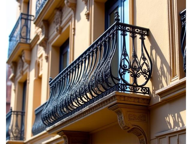 Balcon en fer forgé de style Louis XV restauré avec ornements dorés, Atelier Roulant